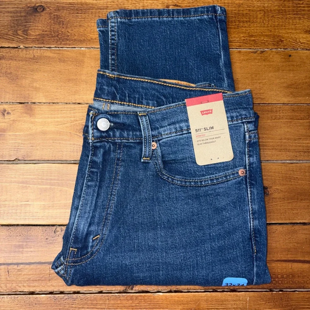 Levi's 511 Slim Jeans Mens 32x34 Blue Dark Wash Stretch Denim Workwear NEW